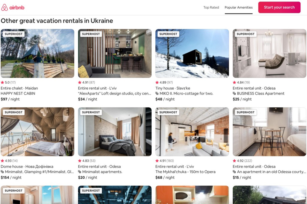 Die Homepage von Airbnb bei der Suche nach Unterkünften in der Ukraine. 