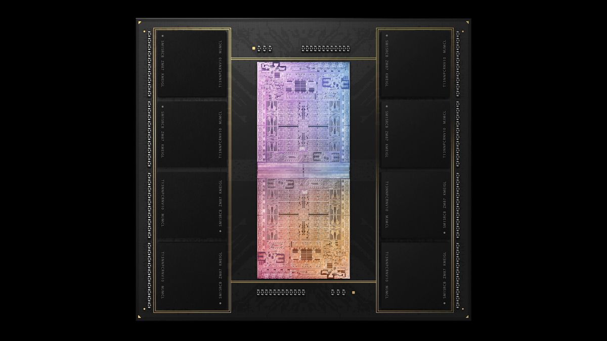 Ein leuchtender Regenbogen-M1-Ultra-Chip, umgeben von eingebrannten Speichermodulen