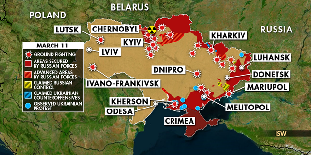 Die Karte zeigt die russische Invasion in der Ukraine am 11. März 2022. 