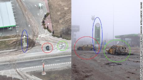 Drohnenaufnahmen vom 7. März (links) zeigen das Auto, in dem Maxim Iovenko saß, bevor es gedreht wurde.  Ein Foto etwa einen Monat später (rechts) zeigt, dass sich die Autos und die verkohlten Körper nicht bewegt haben.