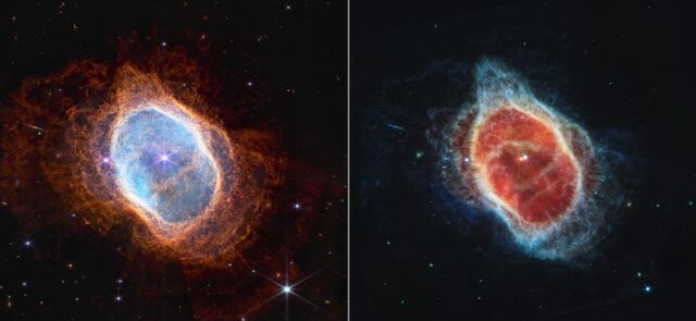 Das neue James-Webb-Weltraumteleskop der NASA hat ungewöhnliche Details im südlichen Ringnebel enthüllt, einem planetarischen Nebel, der etwa 2.500 Lichtjahre entfernt im Sternbild Vela liegt.  Auf der linken Seite zeigt ein Nahinfrarotbild atemberaubende konzentrische Gashüllen, die die Eruptionen des sterbenden Sterns dokumentieren.  Auf dem rechten Bild im mittleren Infrarotbereich ist der sterbende Stern im Zentrum des Nebels (rot) leicht von seinem Begleitstern (blau) zu unterscheiden.  Das gesamte Gas und der Staub im Nebel wurden durch den roten Stern ausgestoßen.