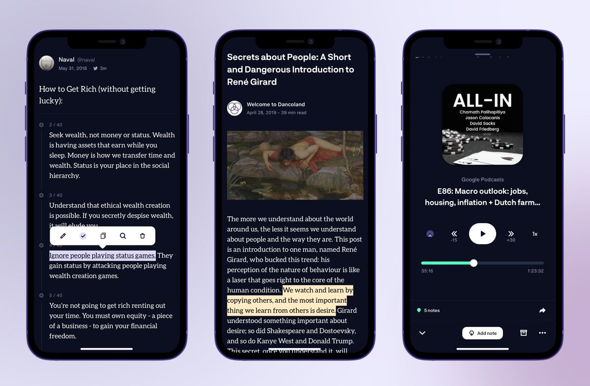 Drei Screenshots der Upnext-App, die verschiedene Arten von Inhalten zeigen.