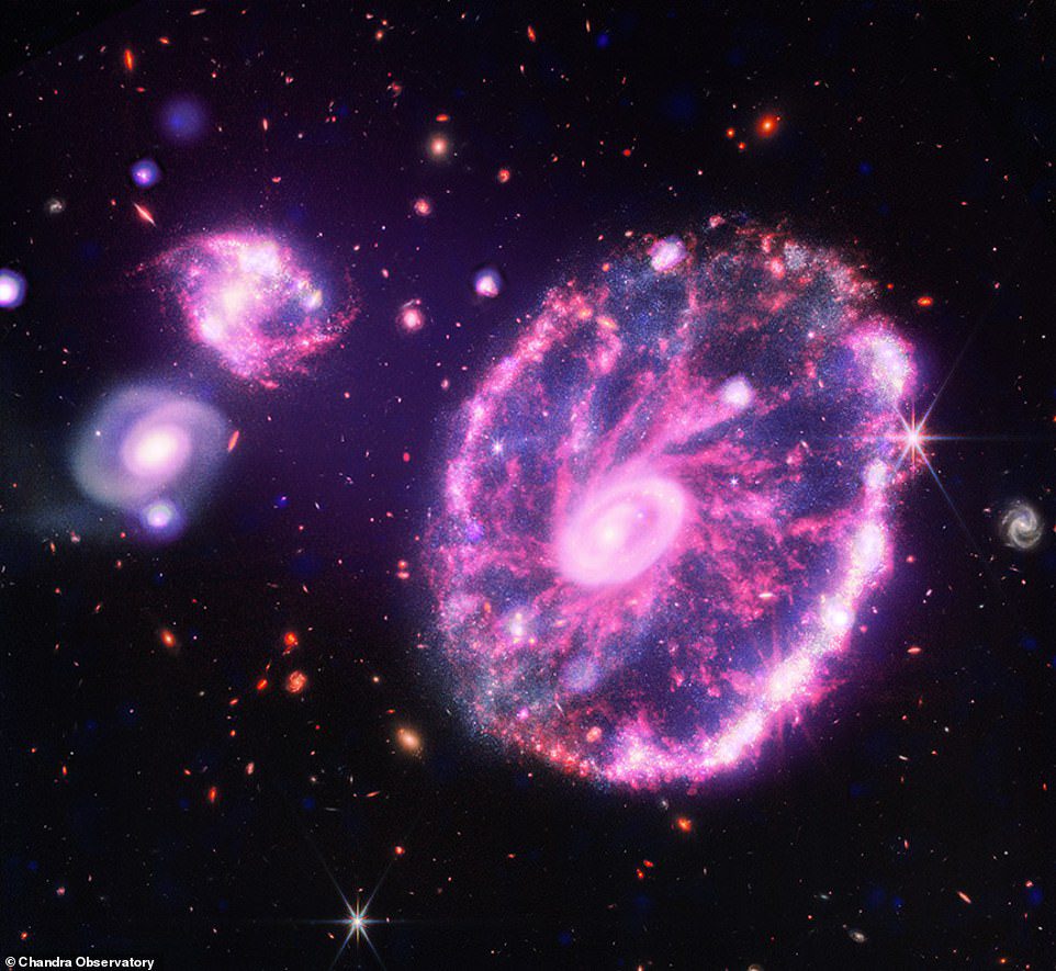 Die Cartwell-Wheel-Galaxie (oben) erhält ihre Form durch eine Kollision mit einer anderen kleineren Galaxie vor etwa 100 Millionen Jahren.