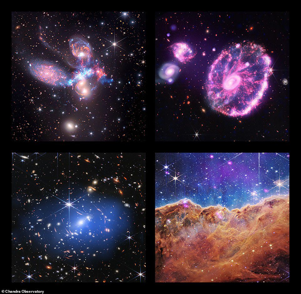 Neu veröffentlichte Bilder zeigen (im Uhrzeigersinn, von oben links): Stephens Quintet, die Cartwheel Galaxy, die kosmischen Klippen des Carina-Nebels und SMACS 0723..3-7327
