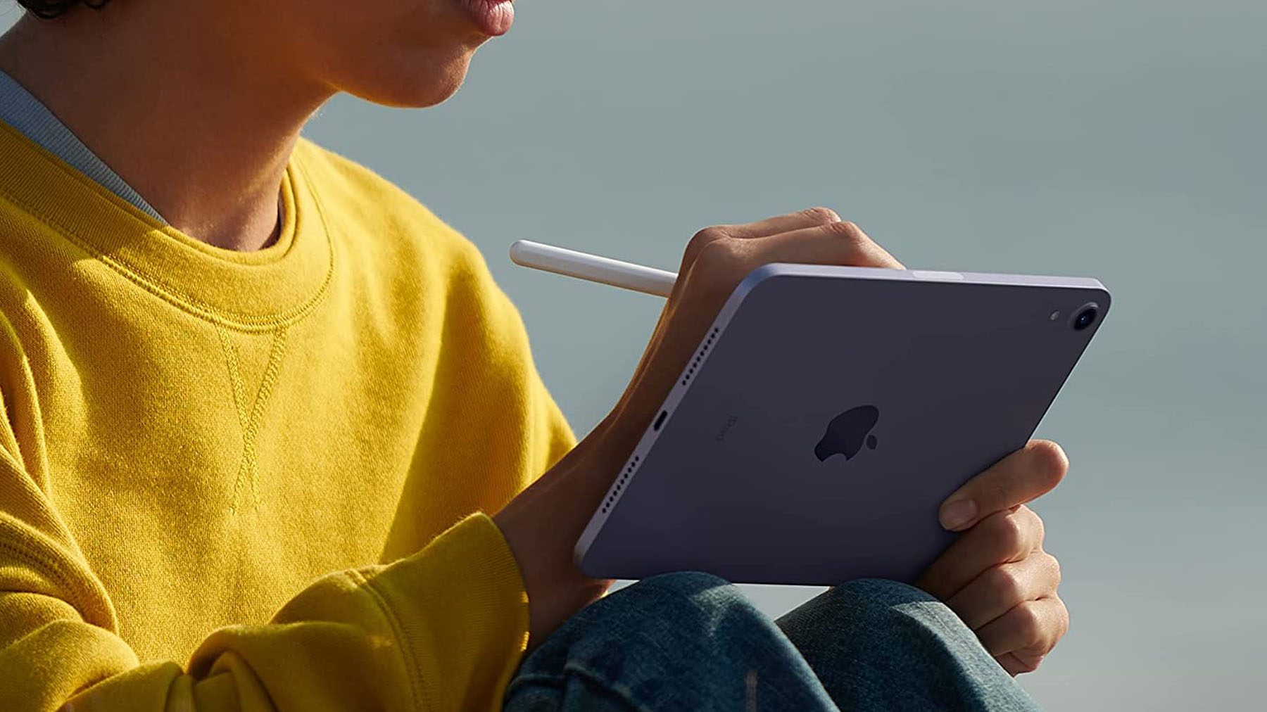 Eine Aufnahme einer Person, die auf einem iPad Mini sitzt und dabei einen Apple Pencil verwendet